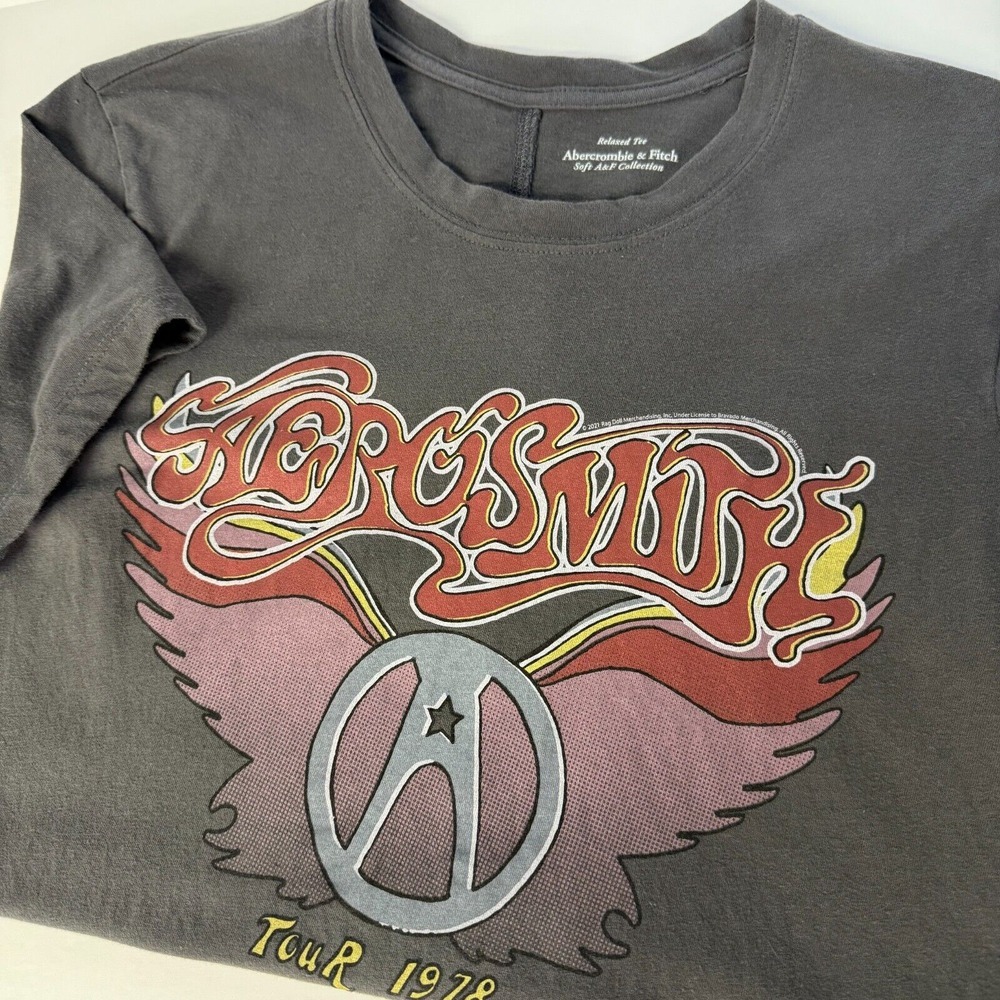 ABERCROMBIE & FITCH Aerosmith Women's Graphic Relaxed Tee - Size Small - Gray